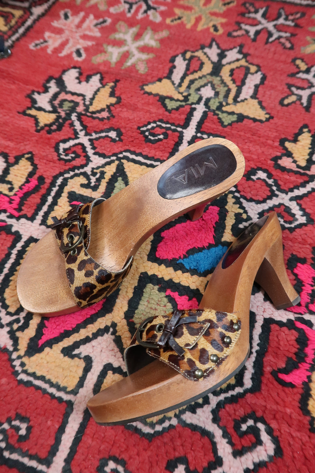 Deadstock Vintage MIA Pony Hair Leopard Print Wooden Mules – Y2K Heeled Sandals