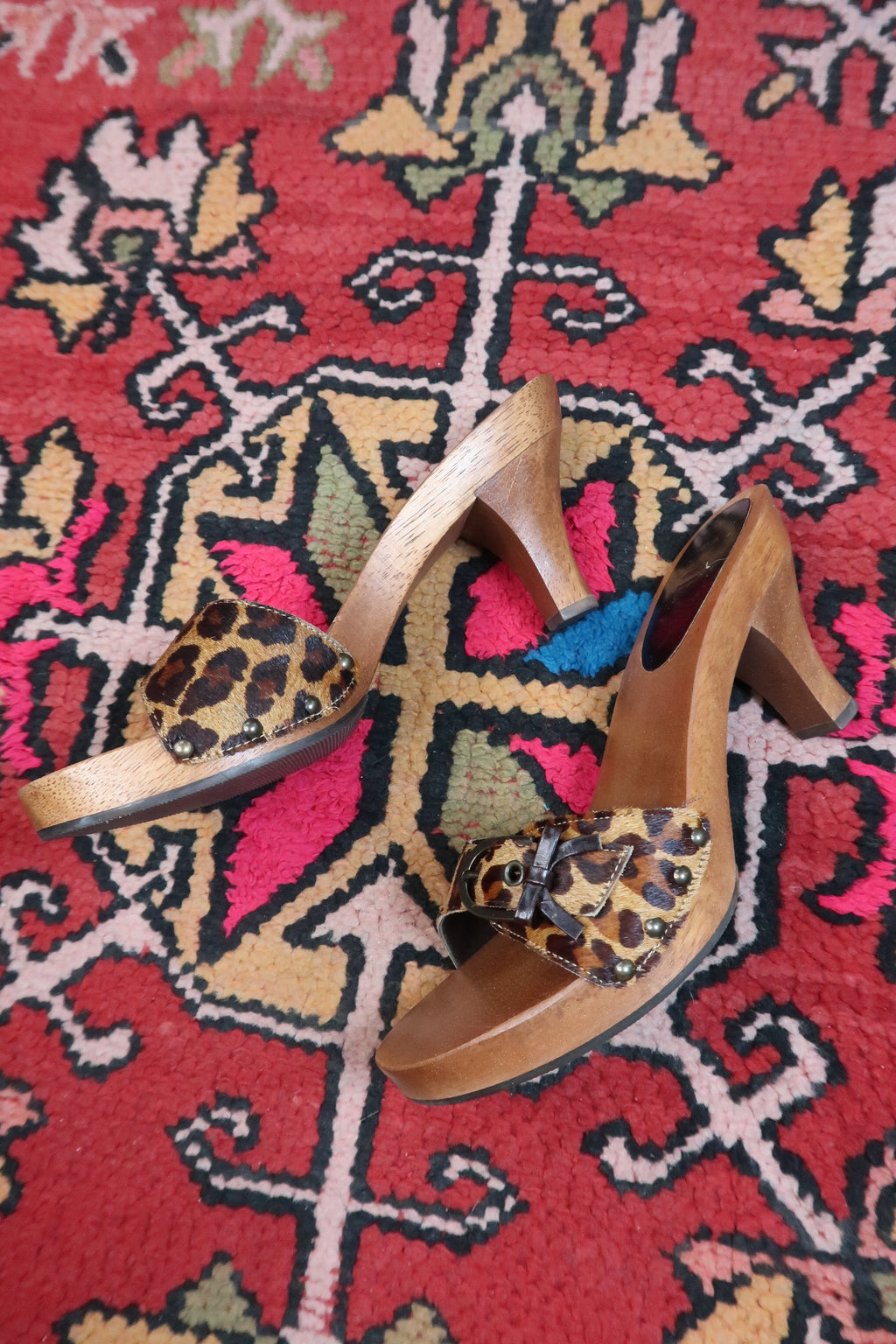 Deadstock Vintage MIA Pony Hair Leopard Print Wooden Mules – Y2K Heeled Sandals