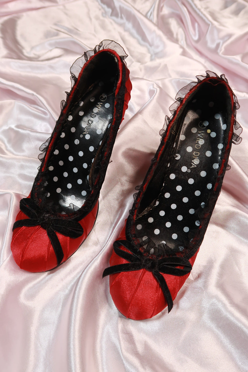 Red Satin Black Trim Heels - Elektra Vintage