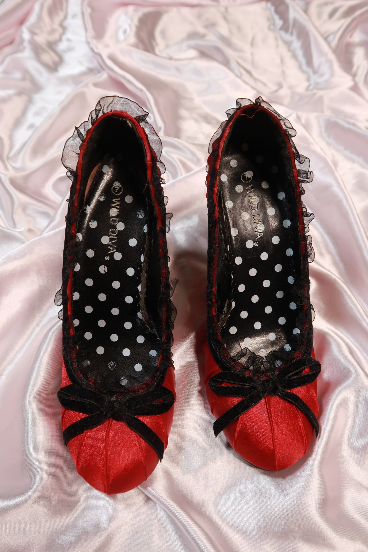 Red Satin Black Trim Heels - Elektra Vintage