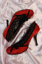 Load image into Gallery viewer, Red Satin Black Trim Heels - Elektra Vintage

