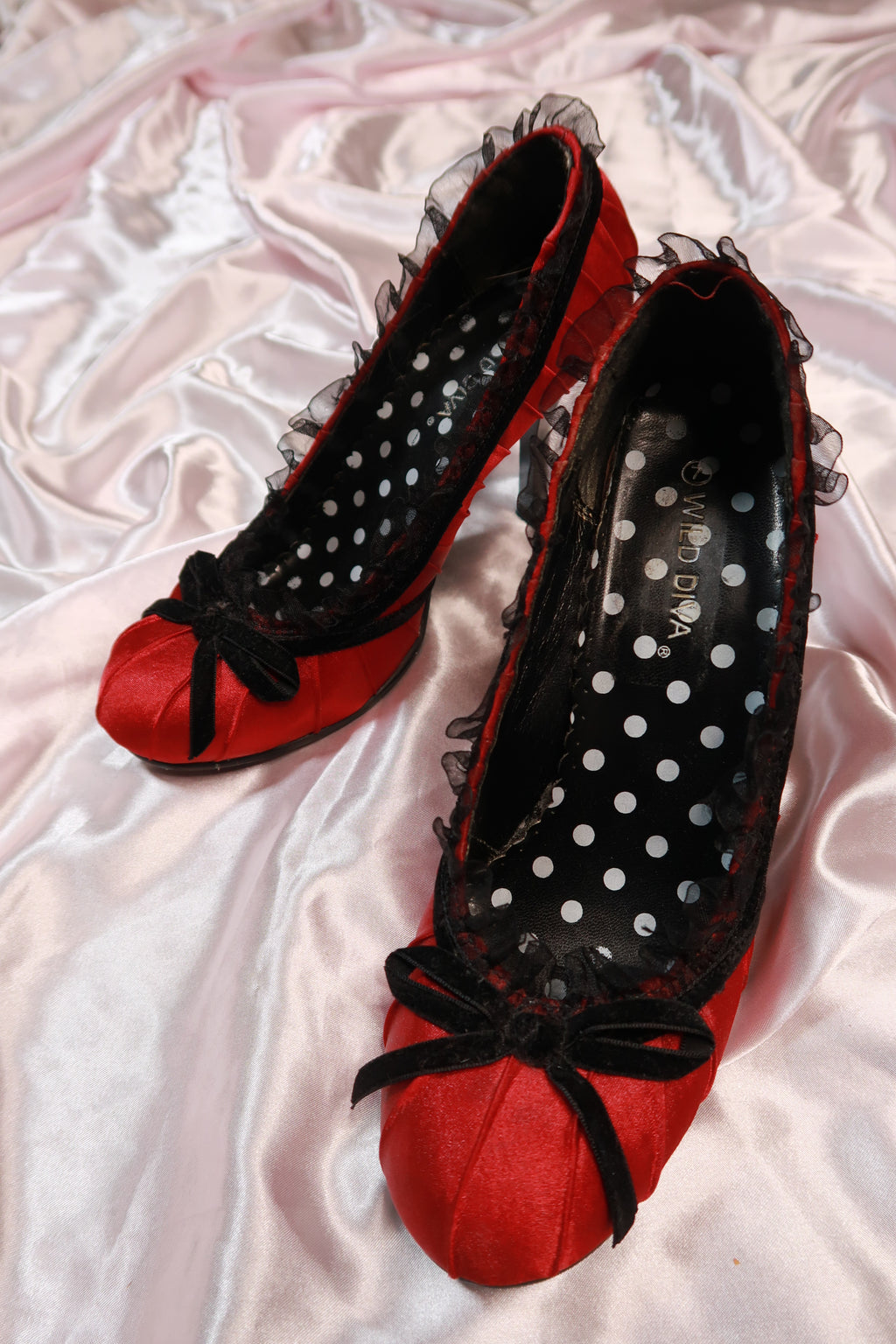 Red Satin Black Trim Heels - Elektra Vintage