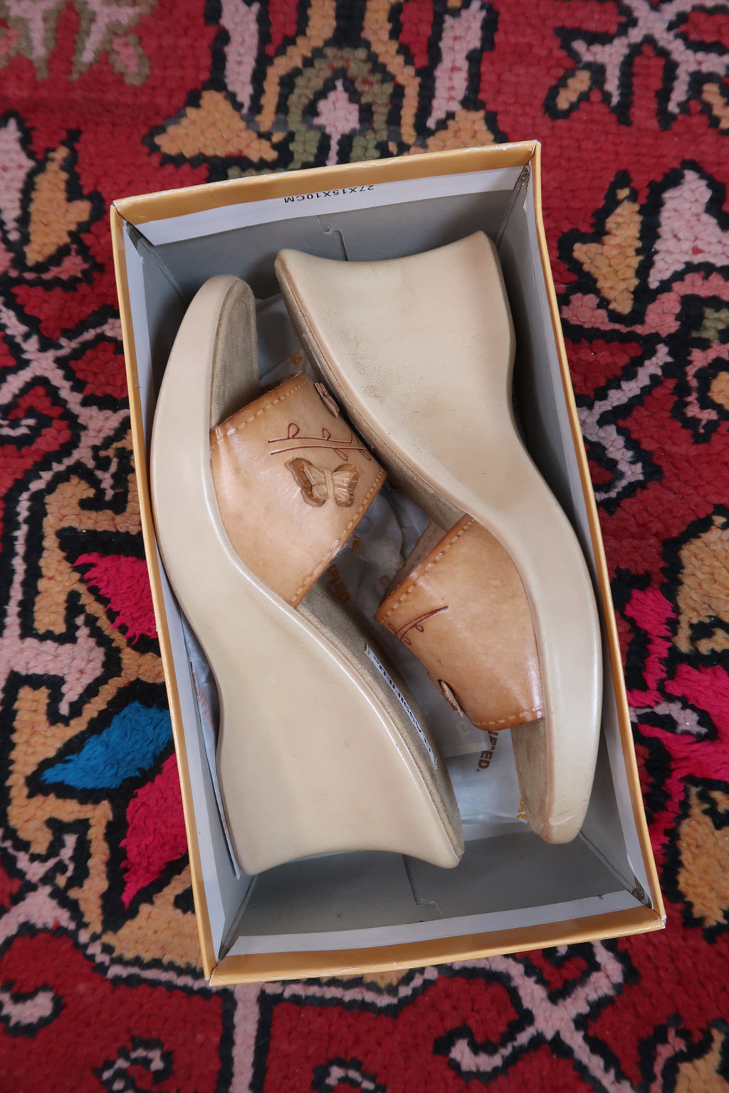 Deadstock Vintage Classified Real Leather Wedges – Y2K Butterfly Carved Sandals