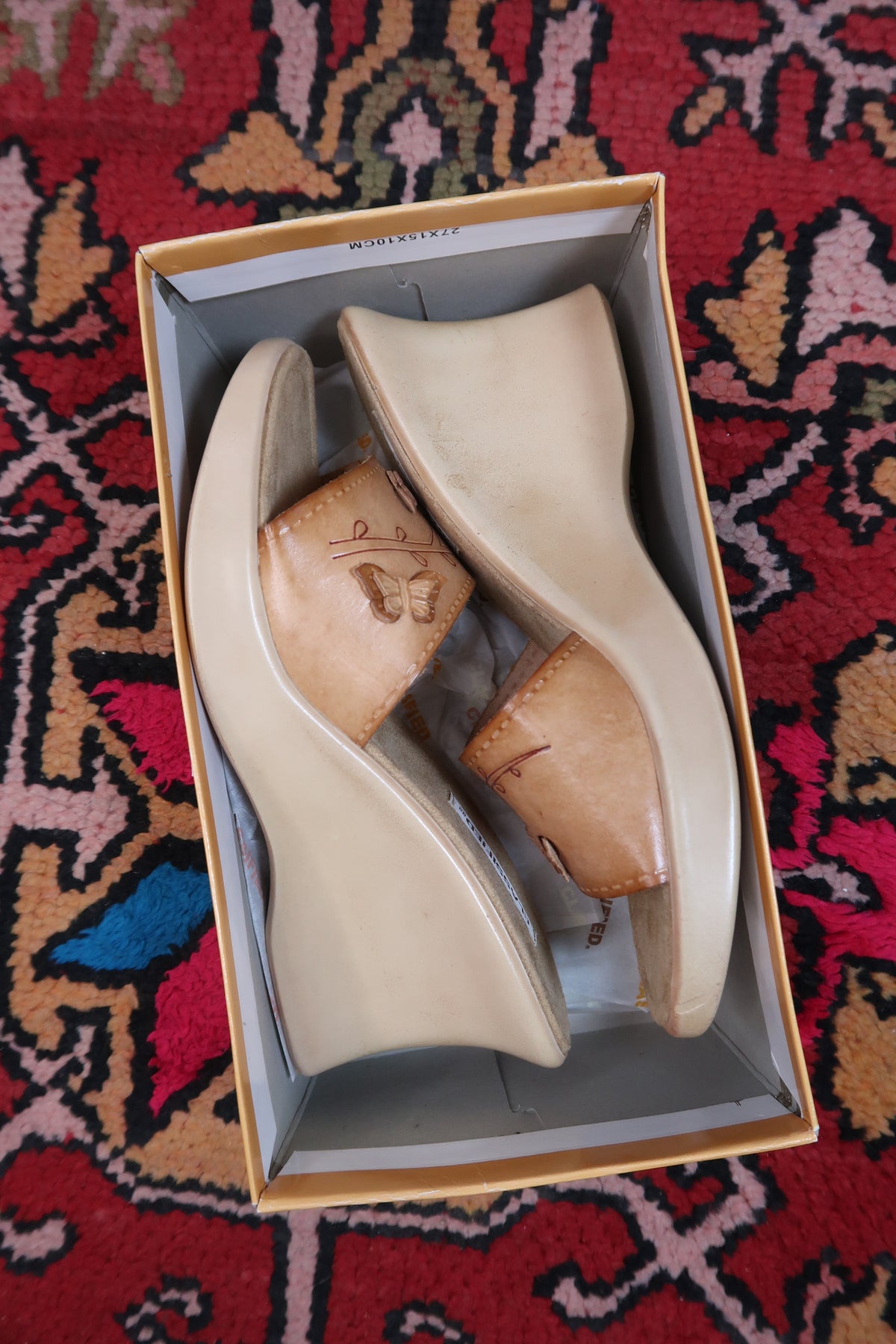 Deadstock Vintage Classified Real Leather Wedges – Y2K Butterfly Carved Sandals