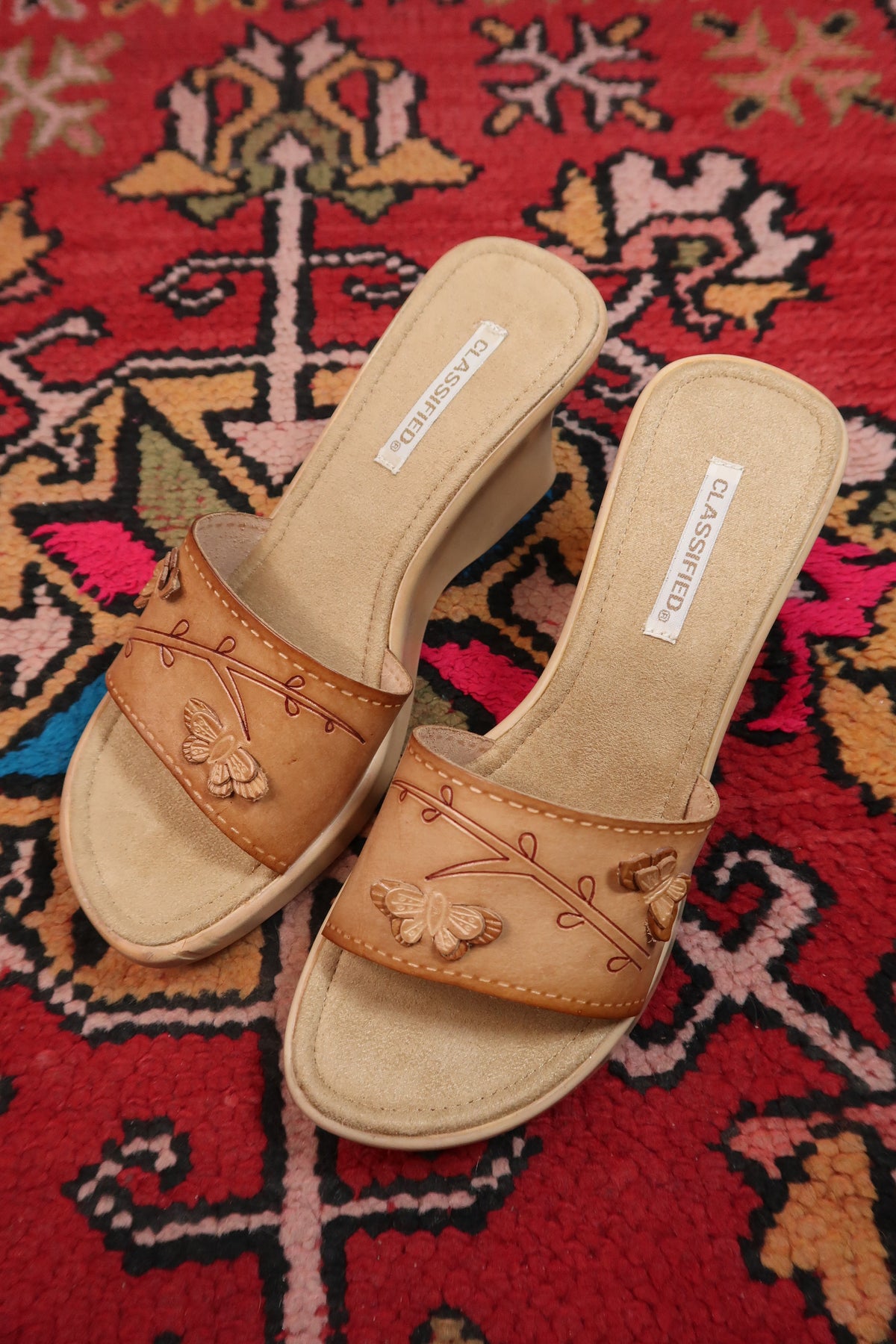 Deadstock Vintage Classified Real Leather Wedges – Y2K Butterfly Carved Sandals