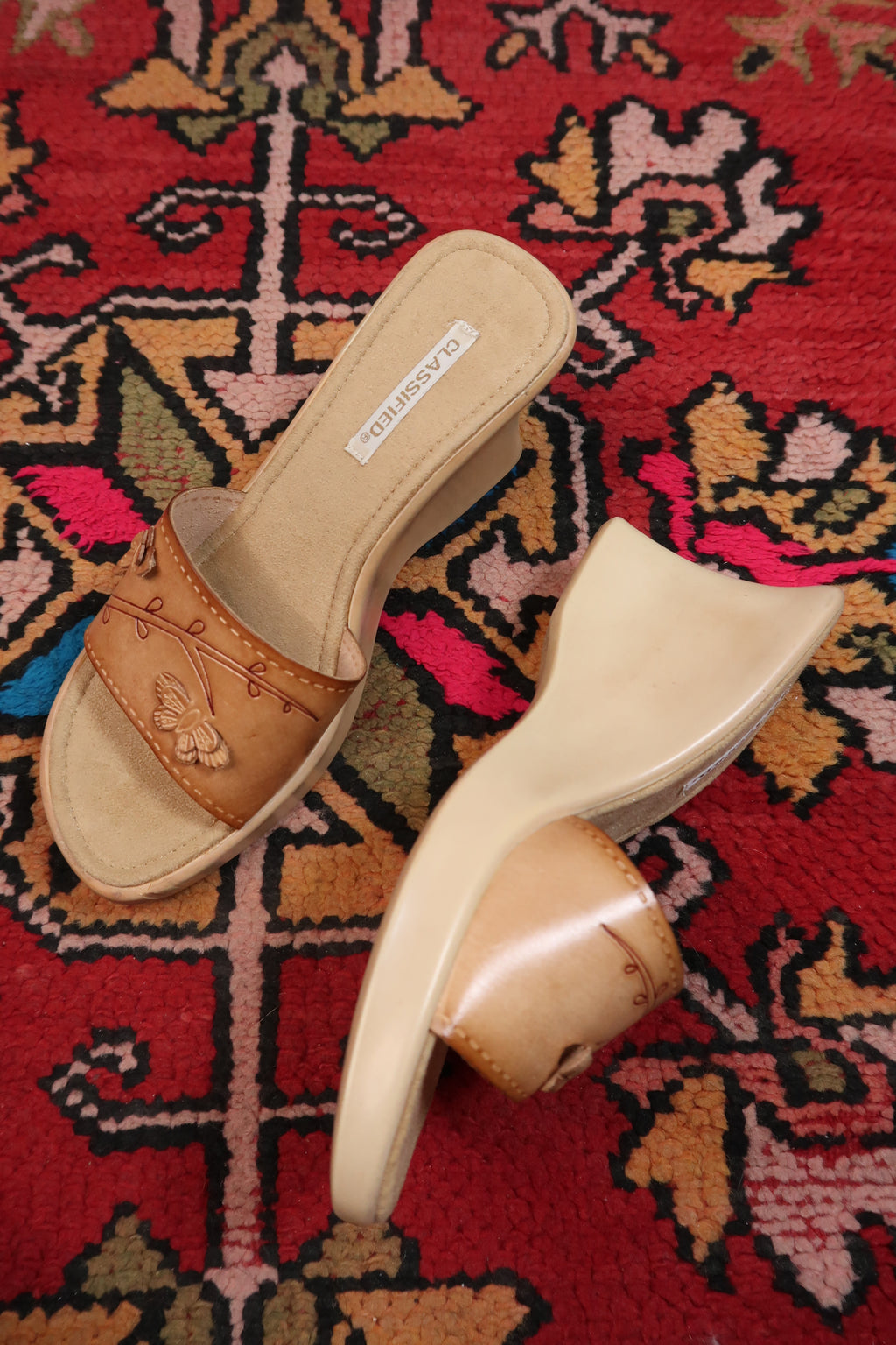 Deadstock Vintage Classified Real Leather Wedges – Y2K Butterfly Carved Sandals