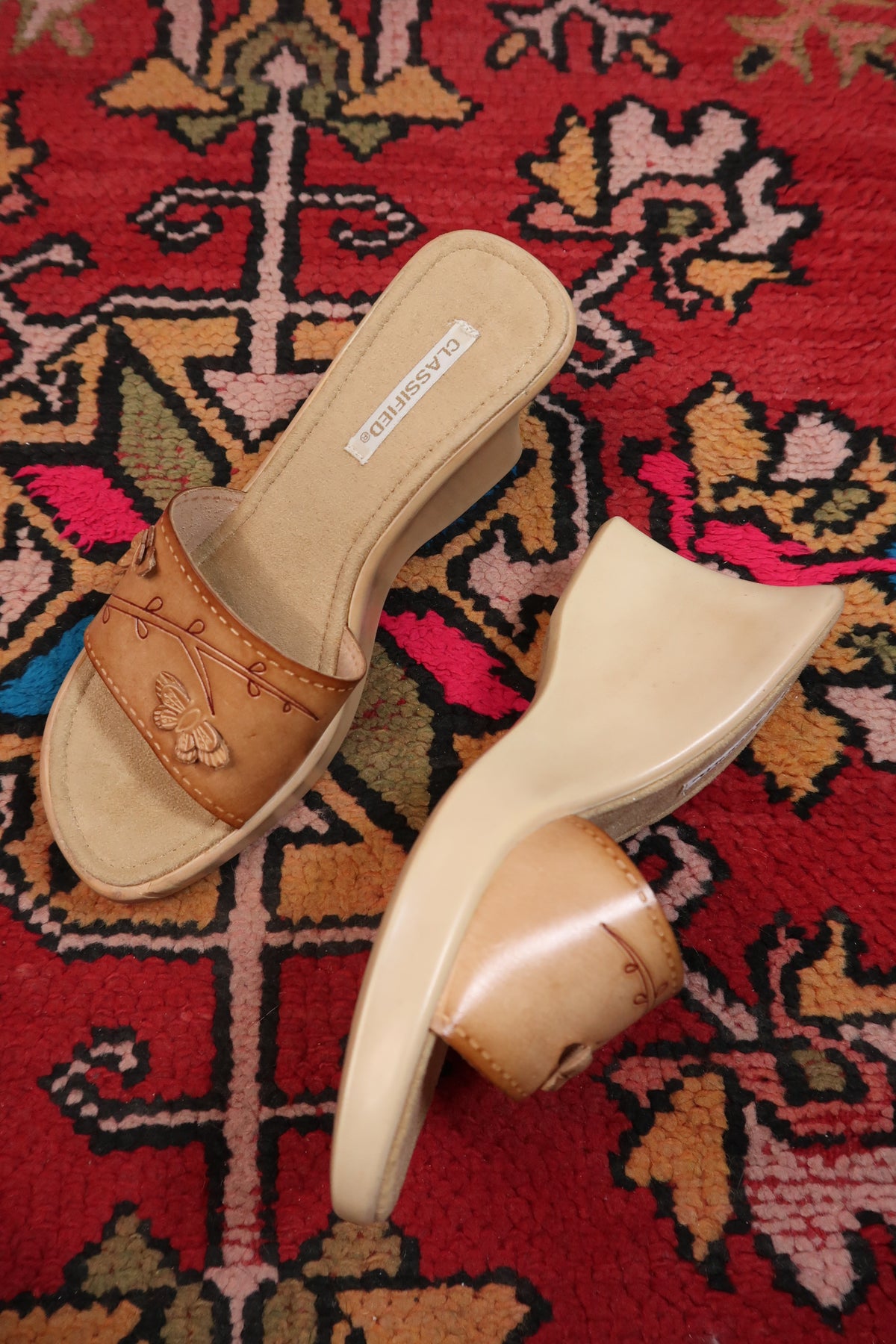 Deadstock Vintage Classified Real Leather Wedges – Y2K Butterfly Carved Sandals