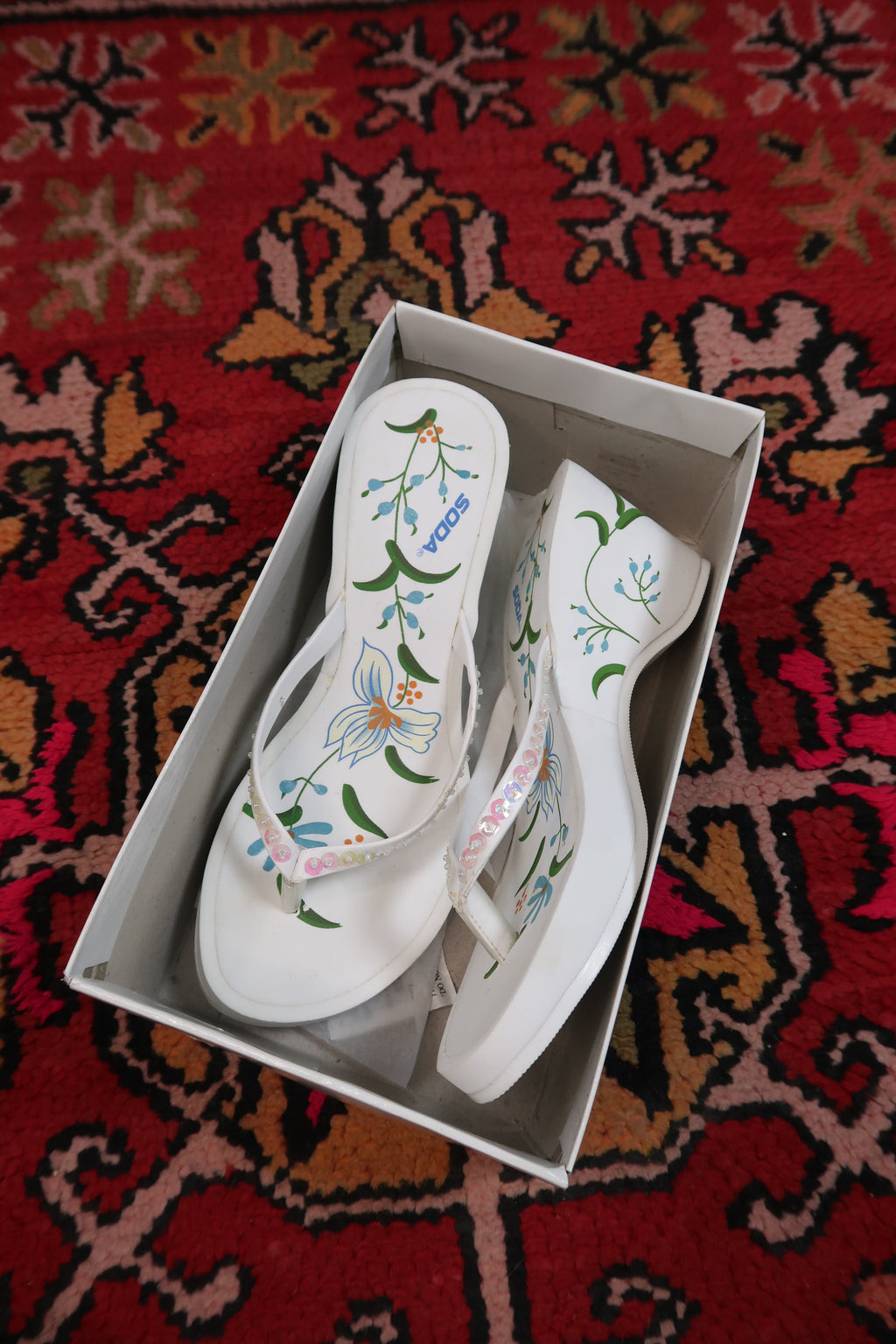 Deadstock Vintage Soda Floral Foam Wedge Sandals – Y2K Platform Flip Flops