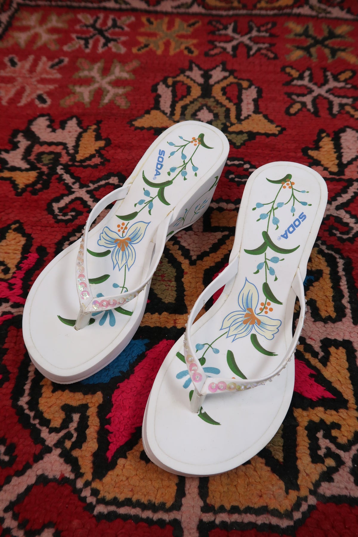 Deadstock Vintage Soda Floral Foam Wedge Sandals – Y2K Platform Flip Flops