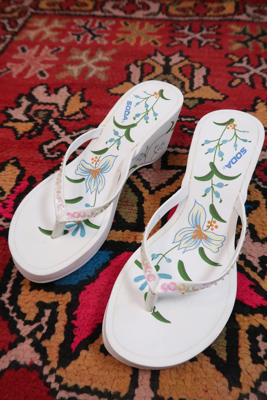 Deadstock Vintage Soda Floral Foam Wedge Sandals – Y2K Platform Flip Flops