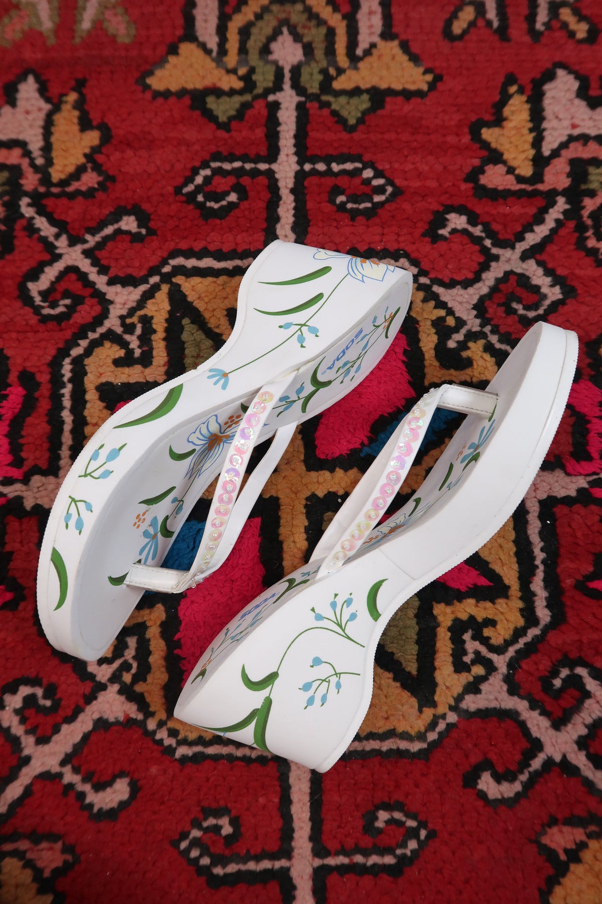 Deadstock Vintage Soda Floral Foam Wedge Sandals – Y2K Platform Flip Flops