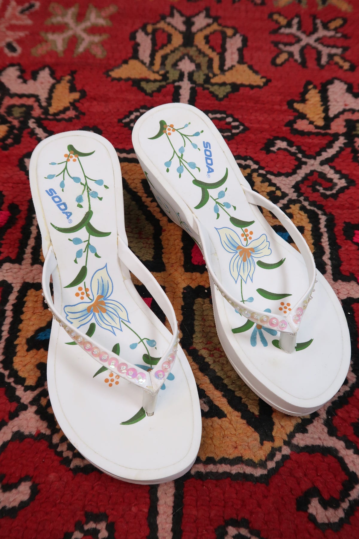 Deadstock Vintage Soda Floral Foam Wedge Sandals – Y2K Platform Flip Flops