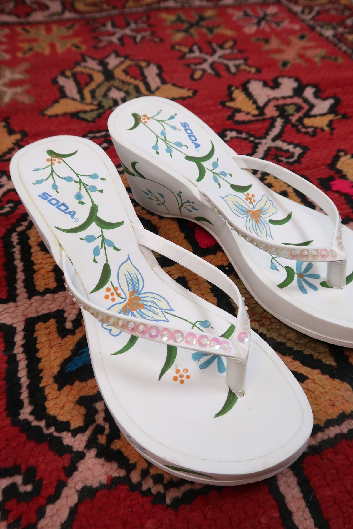 Deadstock Vintage Soda Floral Foam Wedge Sandals – Y2K Platform Flip Flops
