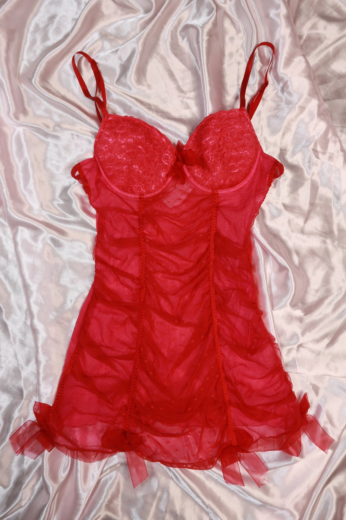 Vintage 2000s Red Sheer Mesh Lace Babydoll Lingerie Top