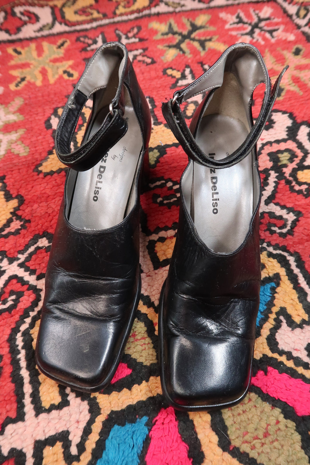 Vintage Black Leather Mules – 90s/2000s Chunky Heel Slip-On Shoes