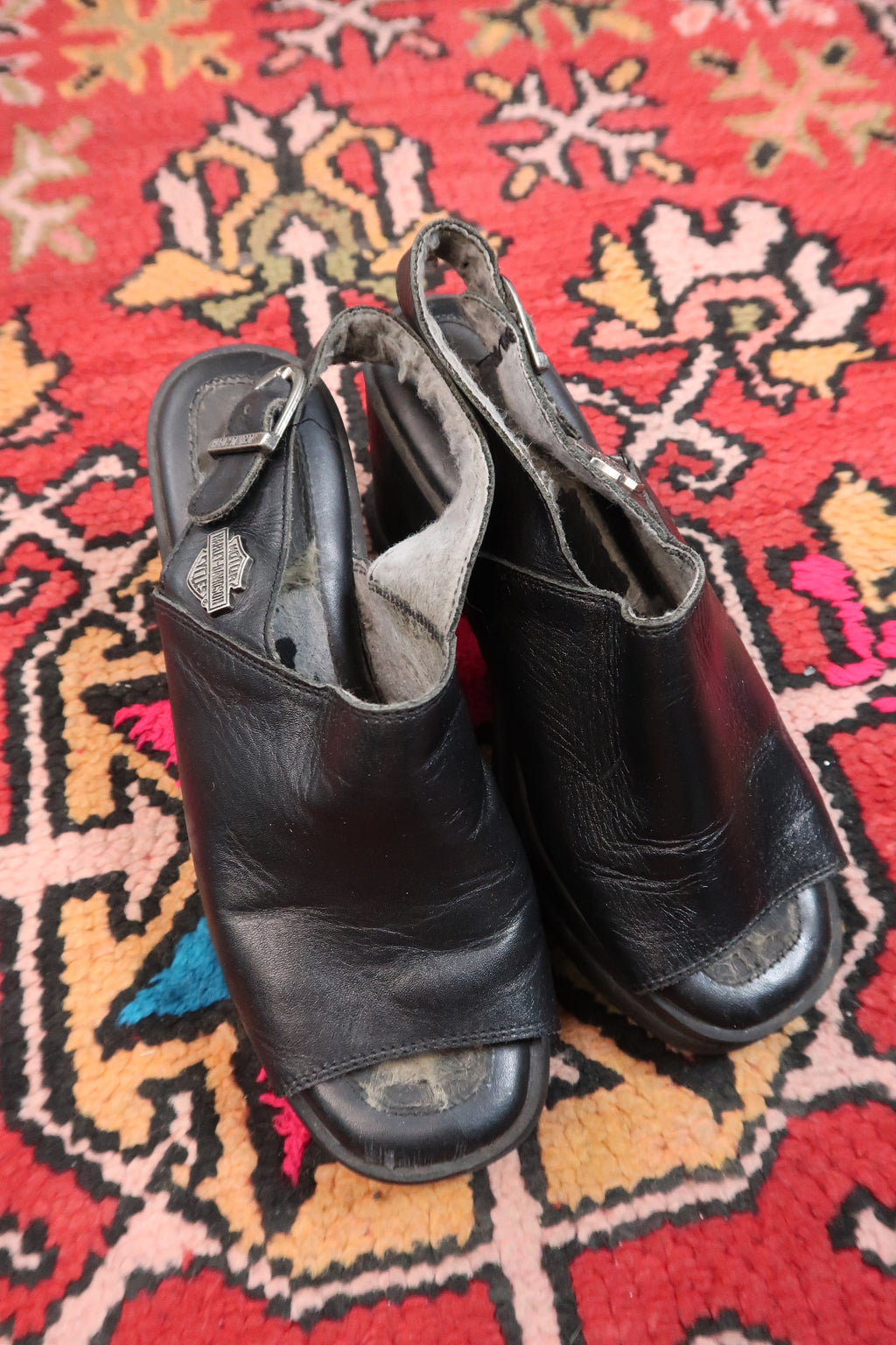 Vintage Harley Davidson Black Leather Platform Heels – Chunky Y2K Slingback Sandals