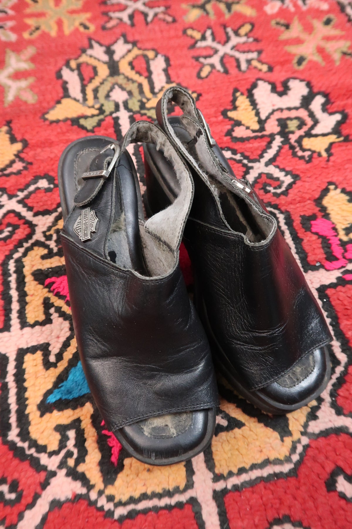 Vintage Harley Davidson Black Leather Platform Heels – Chunky Y2K Slingback Sandals