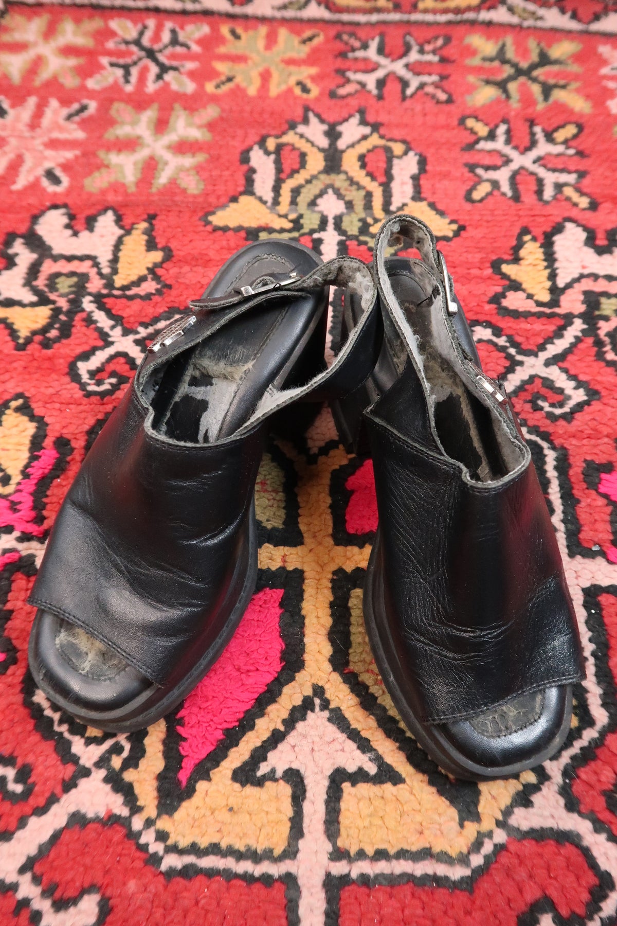 Vintage Harley Davidson Black Leather Platform Heels – Chunky Y2K Slingback Sandals