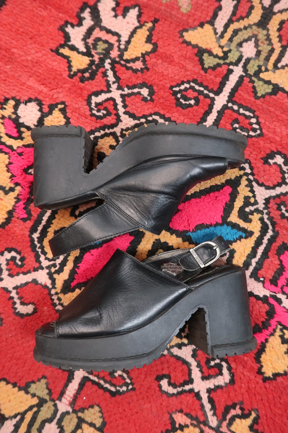 Vintage Harley Davidson Black Leather Platform Heels – Chunky Y2K Slingback Sandals