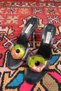 Vintage Isaac Mizrahi Black Heels with Neon Flower Detail – 90s/2000s Designer Sandals