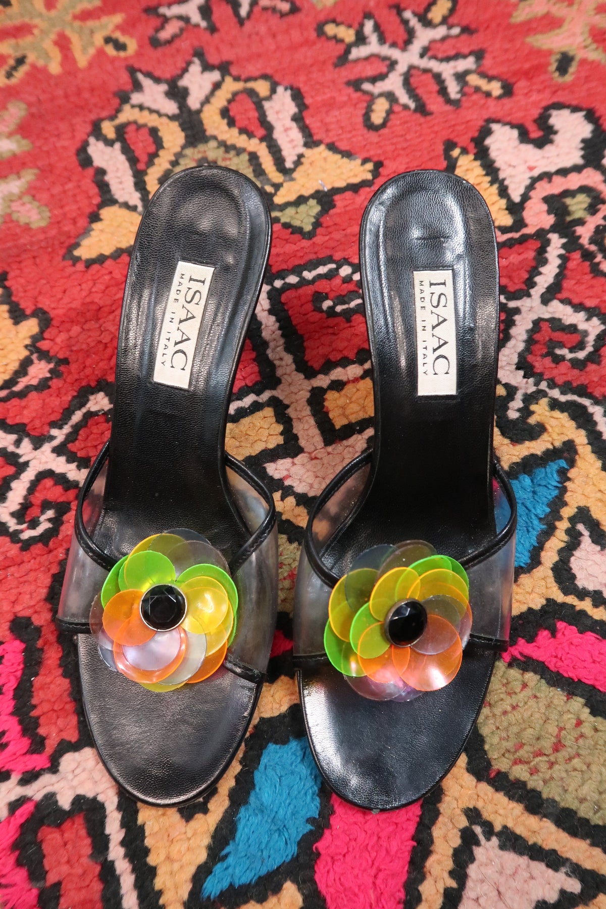 Vintage Isaac Mizrahi Black Heels with Neon Flower Detail – 90s/2000s Designer Sandals