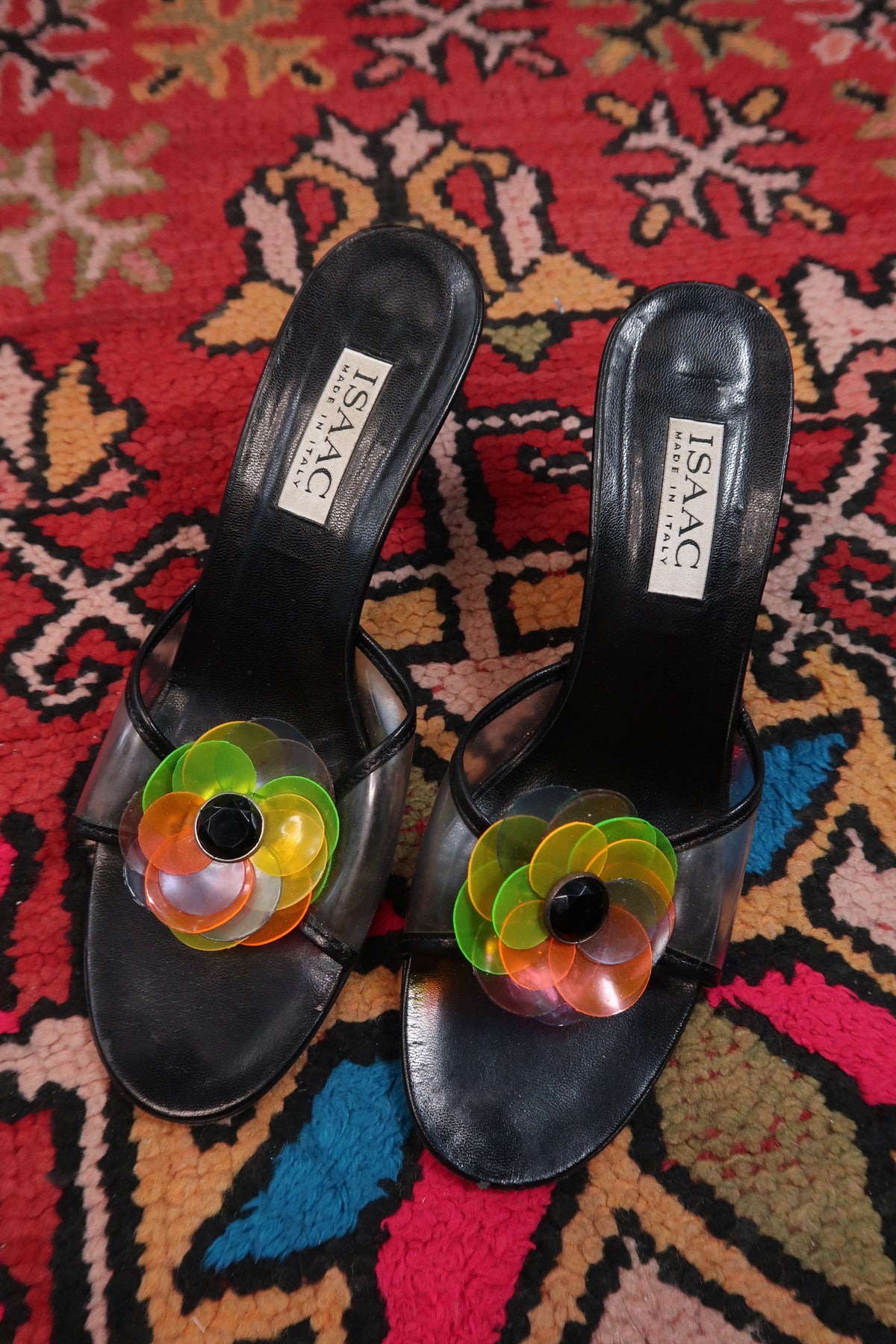 Vintage Isaac Mizrahi Black Heels with Neon Flower Detail – 90s/2000s Designer Sandals