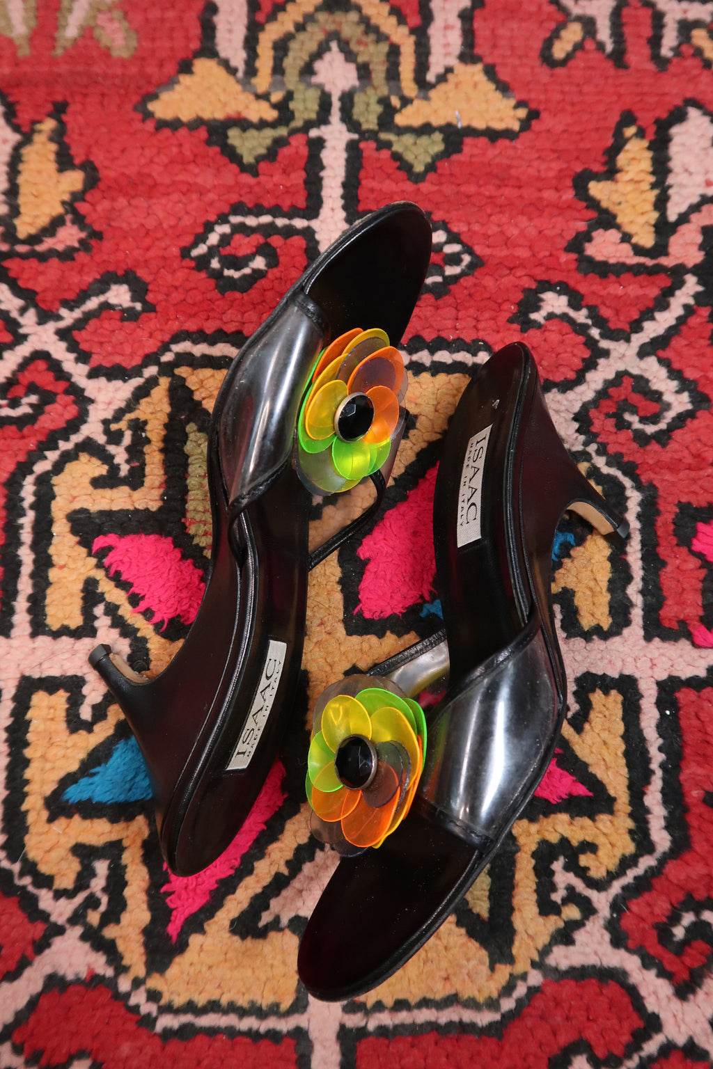 Vintage Isaac Mizrahi Black Heels with Neon Flower Detail – 90s/2000s Designer Sandals