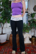 Vintage Y2K black foldover waist flare yoga pants for women, stylish Elektra Vintage bottoms with high-rise foldover design.