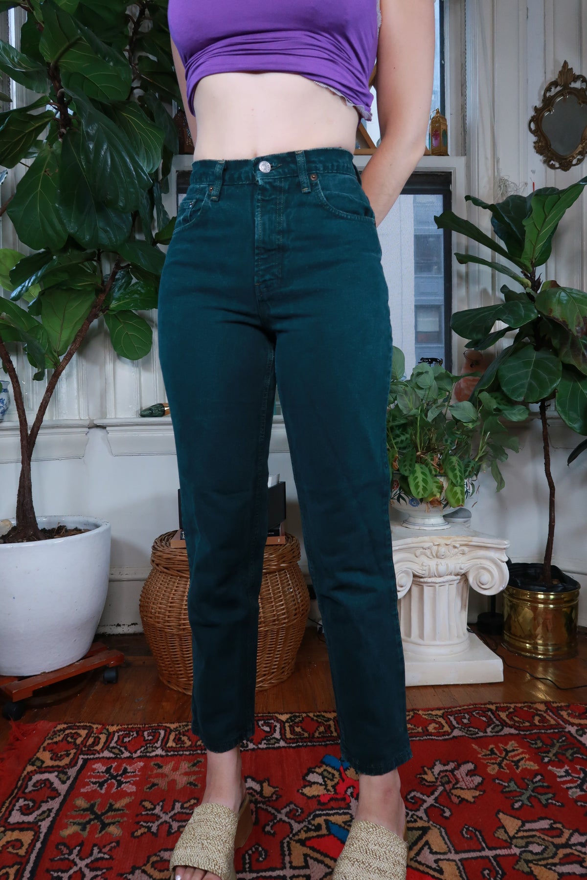 Vintage 90s Gap High Rise Dark Emerald Green Straight Leg Jeans Cropped Denim Pants
