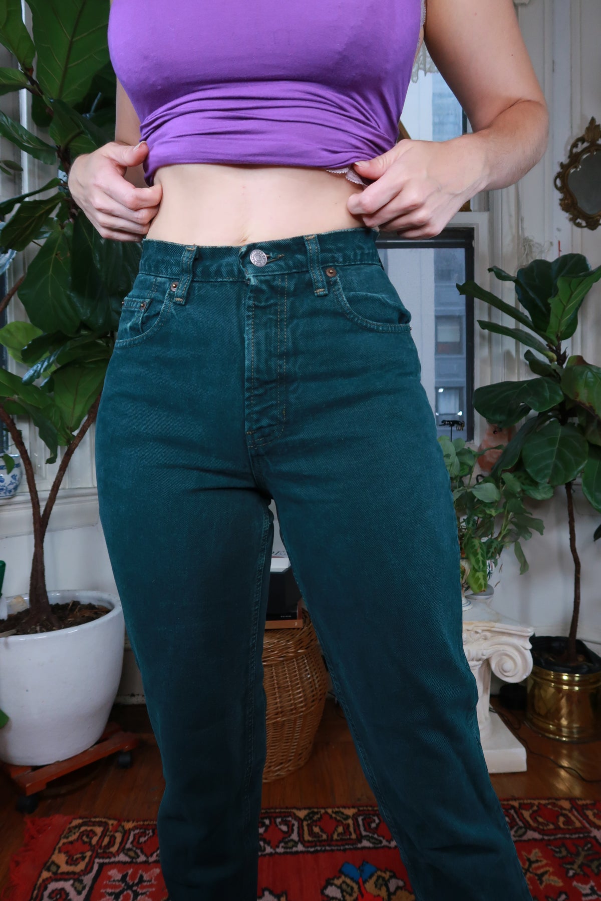 Vintage 90s Gap High Rise Dark Emerald Green Straight Leg Jeans Cropped Denim Pants