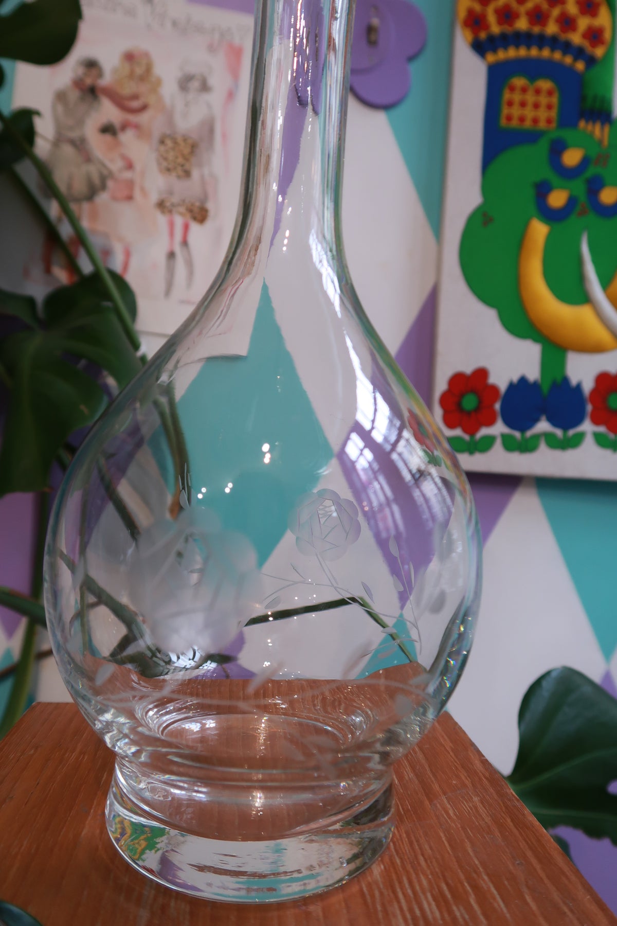 Elektra Vintage etched glass decanter with floral cut design and matching stopper, elegant barware bottle for spirits and liquor.