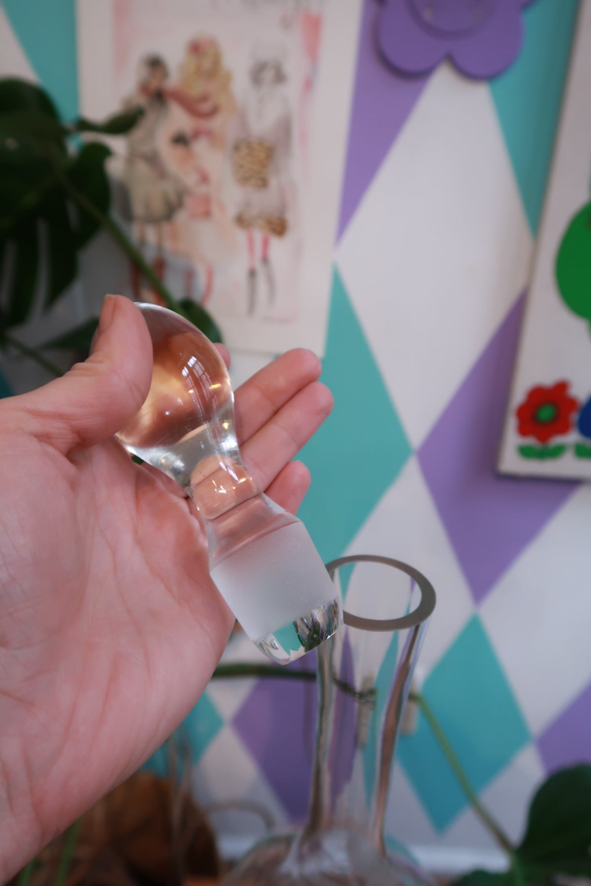 Elektra Vintage etched glass decanter with floral design and stopper, elegant cut barware bottle for spirits or wine.