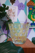 Vintage yellow striped polka dot glass bowl by Elektra Vintage, mid-century modern retro serving bowl with colorful design.