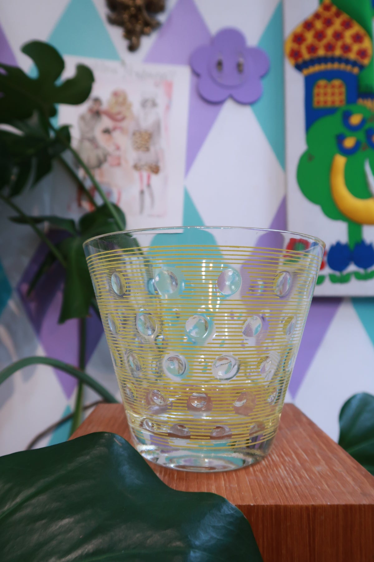 Vintage yellow striped polka dot glass bowl by Elektra Vintage, mid-century modern retro serving bowl with colorful design.