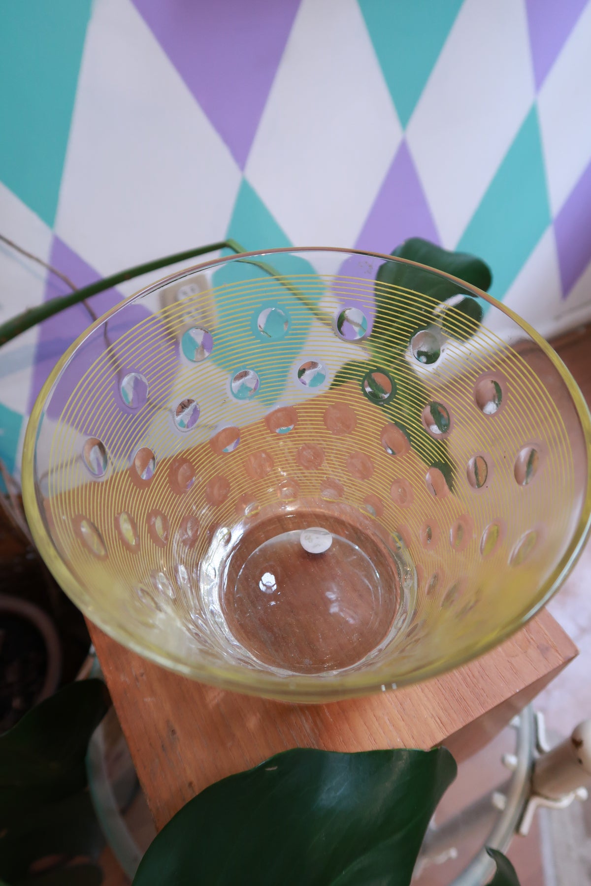 Vintage yellow striped polka dot glass bowl by Elektra Vintage, mid-century modern retro serving bowl with vibrant pattern.