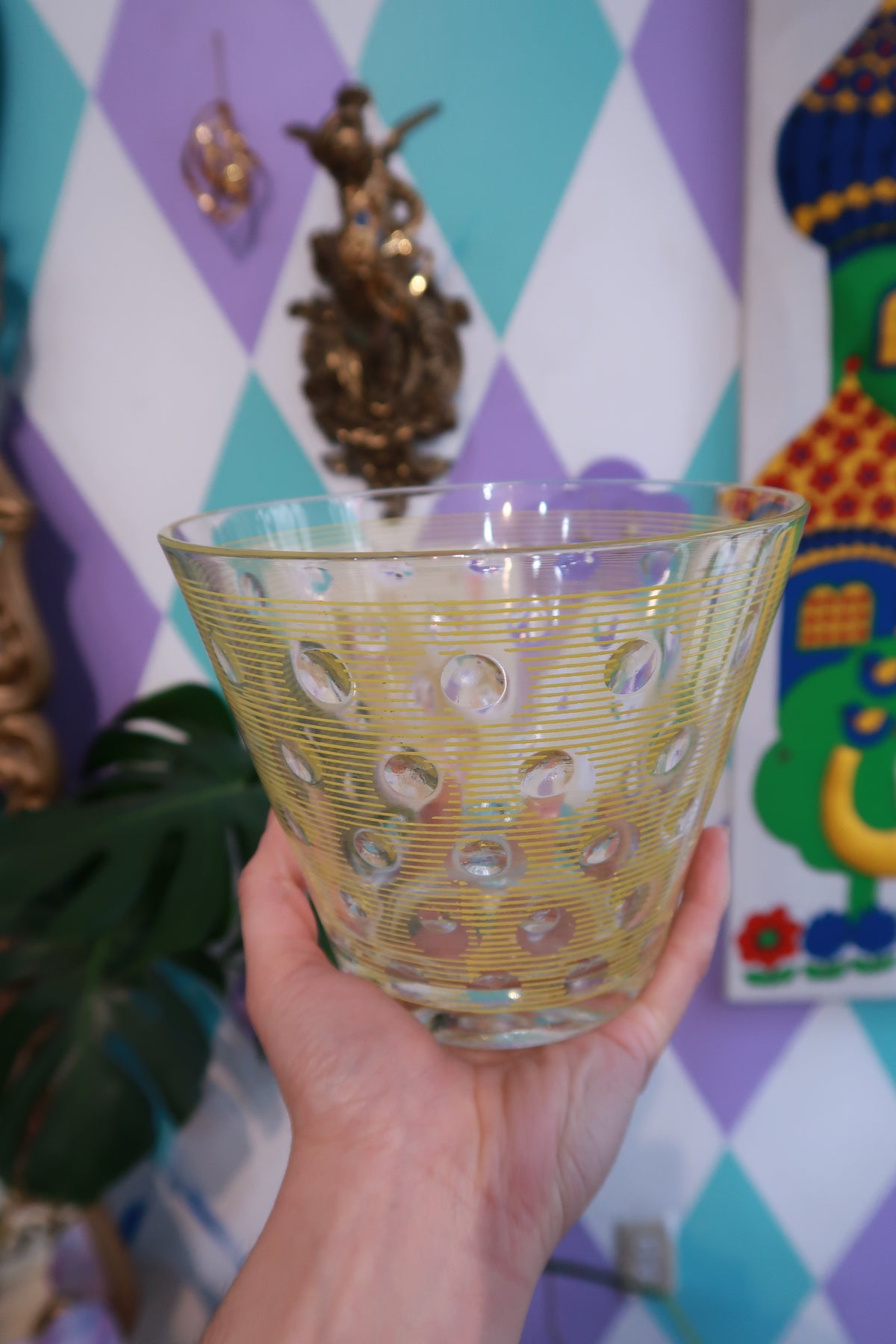 Vintage yellow striped polka dot glass bowl by Elektra Vintage, mid-century modern retro serving bowl with colorful design.