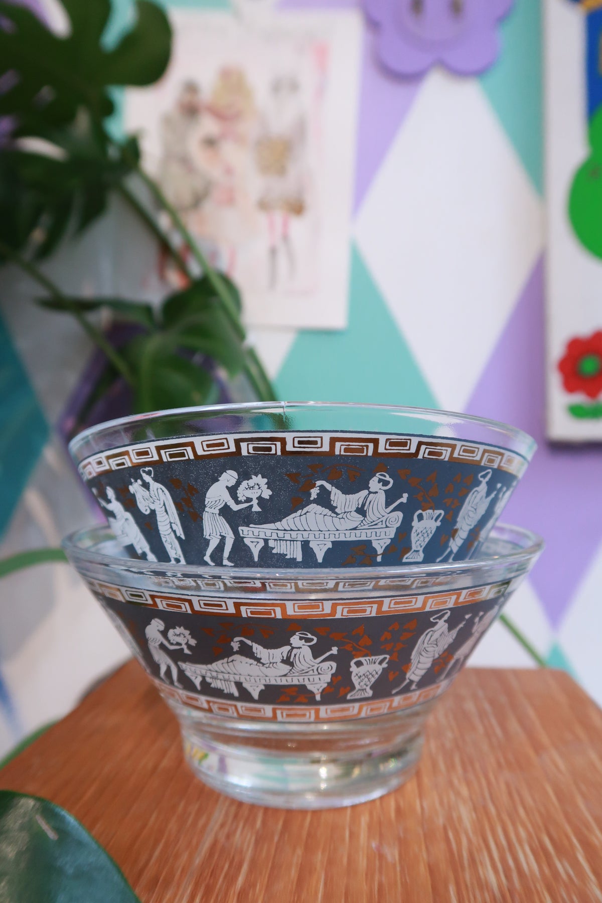 Set of vintage Grecian motif glass bowls with grey and gold Greek key design by Elektra Vintage, ideal for desserts or serving.