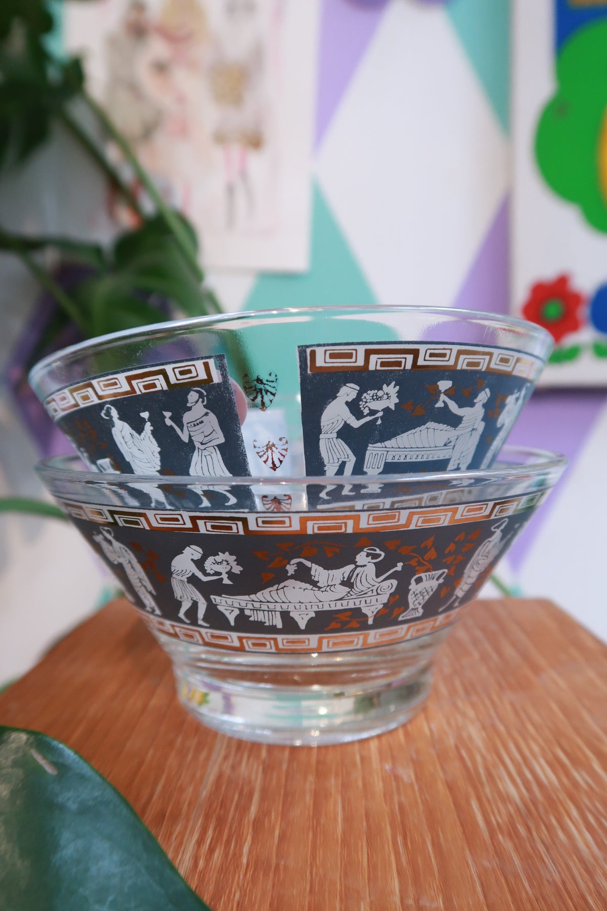 Set of vintage grey and gold Greek key glass bowls with Grecian motif, ideal for desserts, by Elektra Vintage.