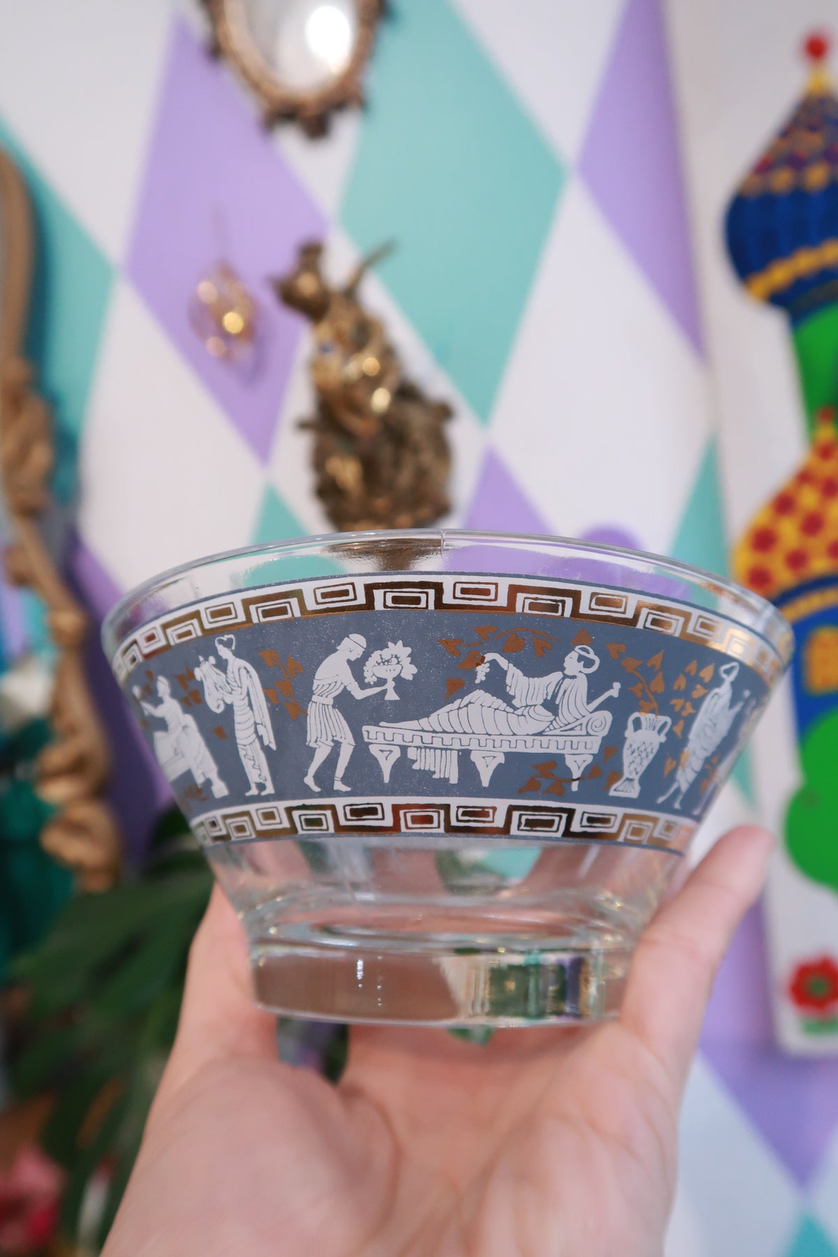 Set of vintage Grecian motif glass bowls in grey and gold with Greek key design, ideal for desserts or serving.
