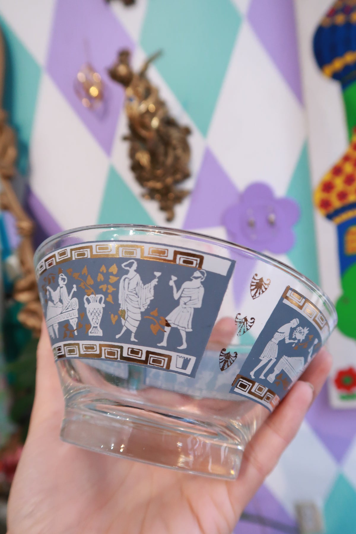Set of vintage Grecian motif glass bowls with grey and gold Greek key design, ideal for desserts or serving, by Elektra Vintage.
