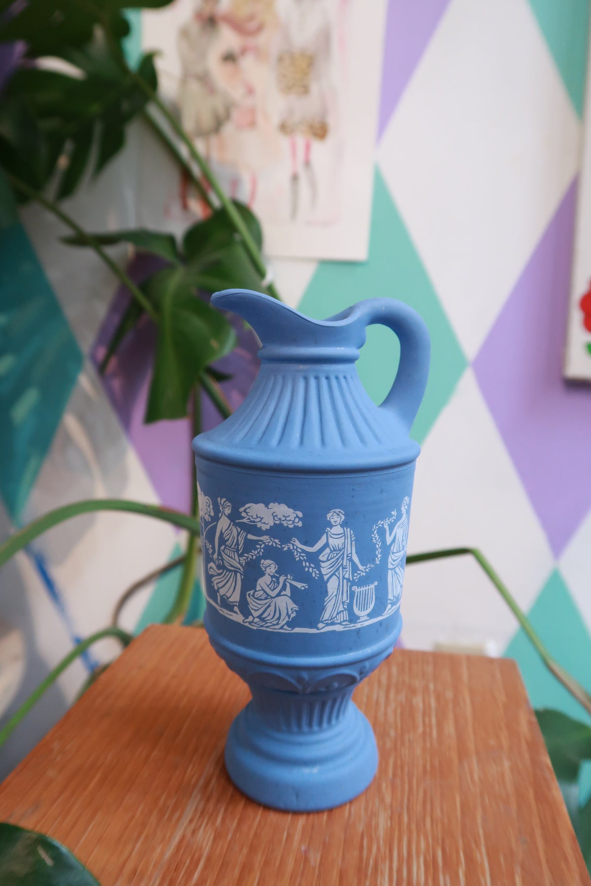 Vintage blue Jasperware style mini pitcher with Grecian relief detailing, decorative creamer by Elektra Vintage.