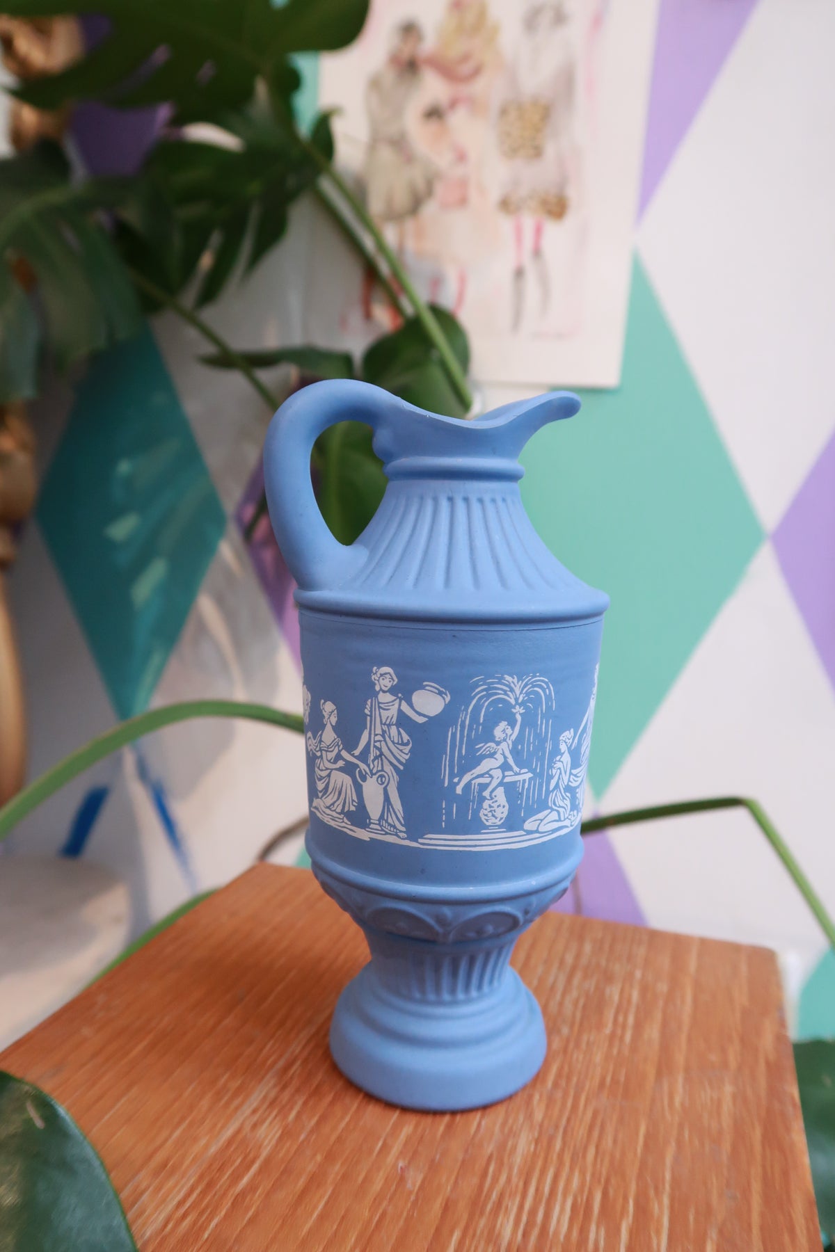 Vintage blue Jasperware-style mini pitcher with Grecian relief design, decorative creamer by Elektra Vintage.