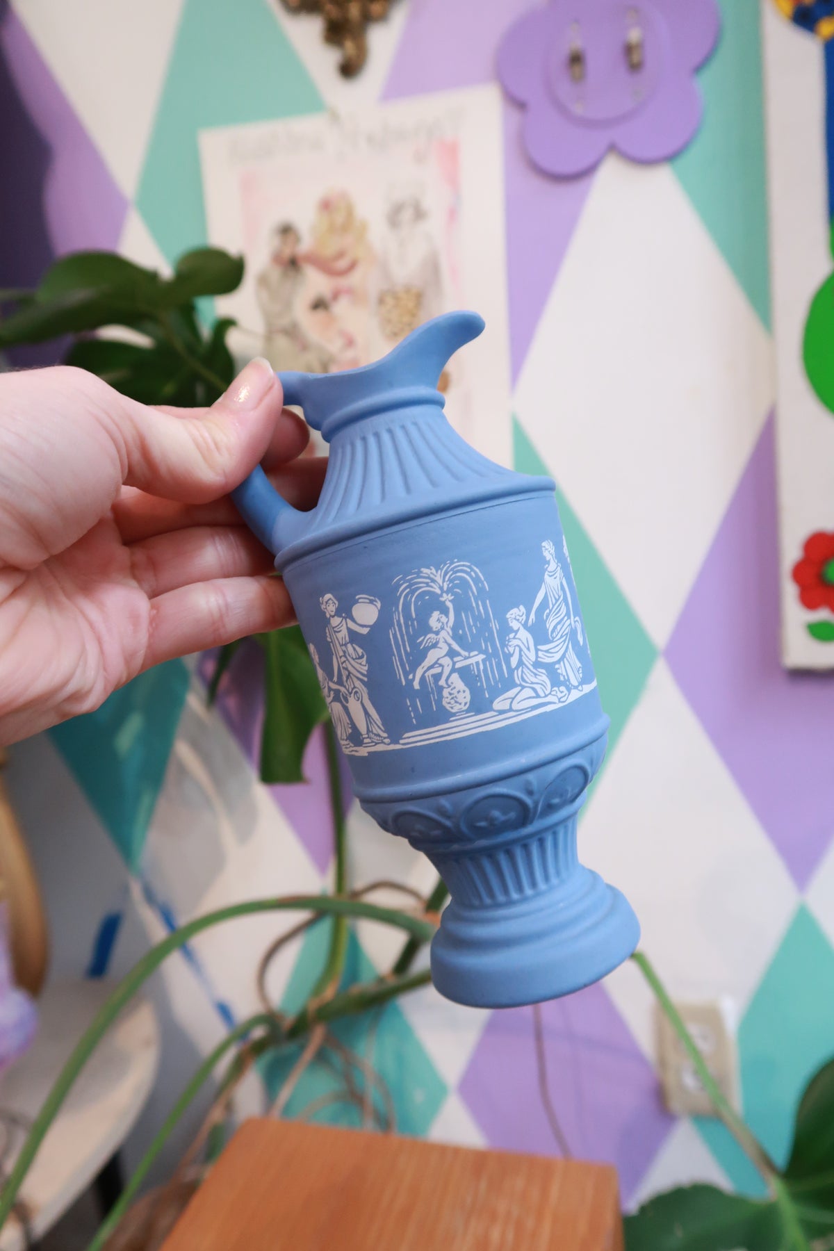 Vintage blue Jasperware style mini pitcher with Grecian relief decorative design, ideal as a cream or decorative creamer from Elektra Vintage.