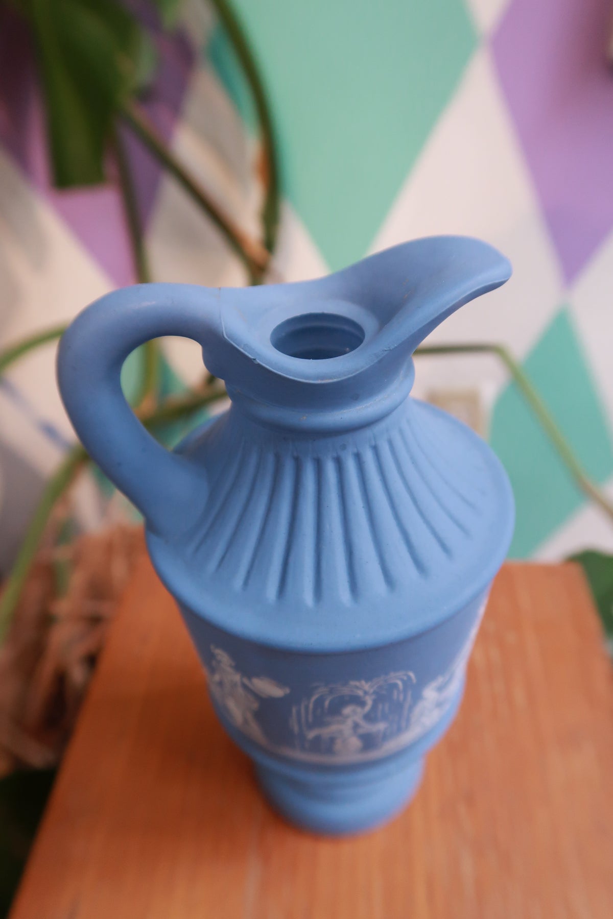 Vintage Blue Jasperware style mini pitcher with Grecian relief design, decorative Elektra Vintage creamer for display or use