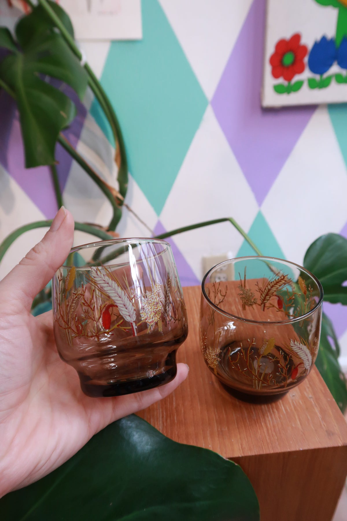 Vintage Amber Glass Tumblers by Elektra Vintage with wheat botanical print, showcasing retro nature-inspired design.