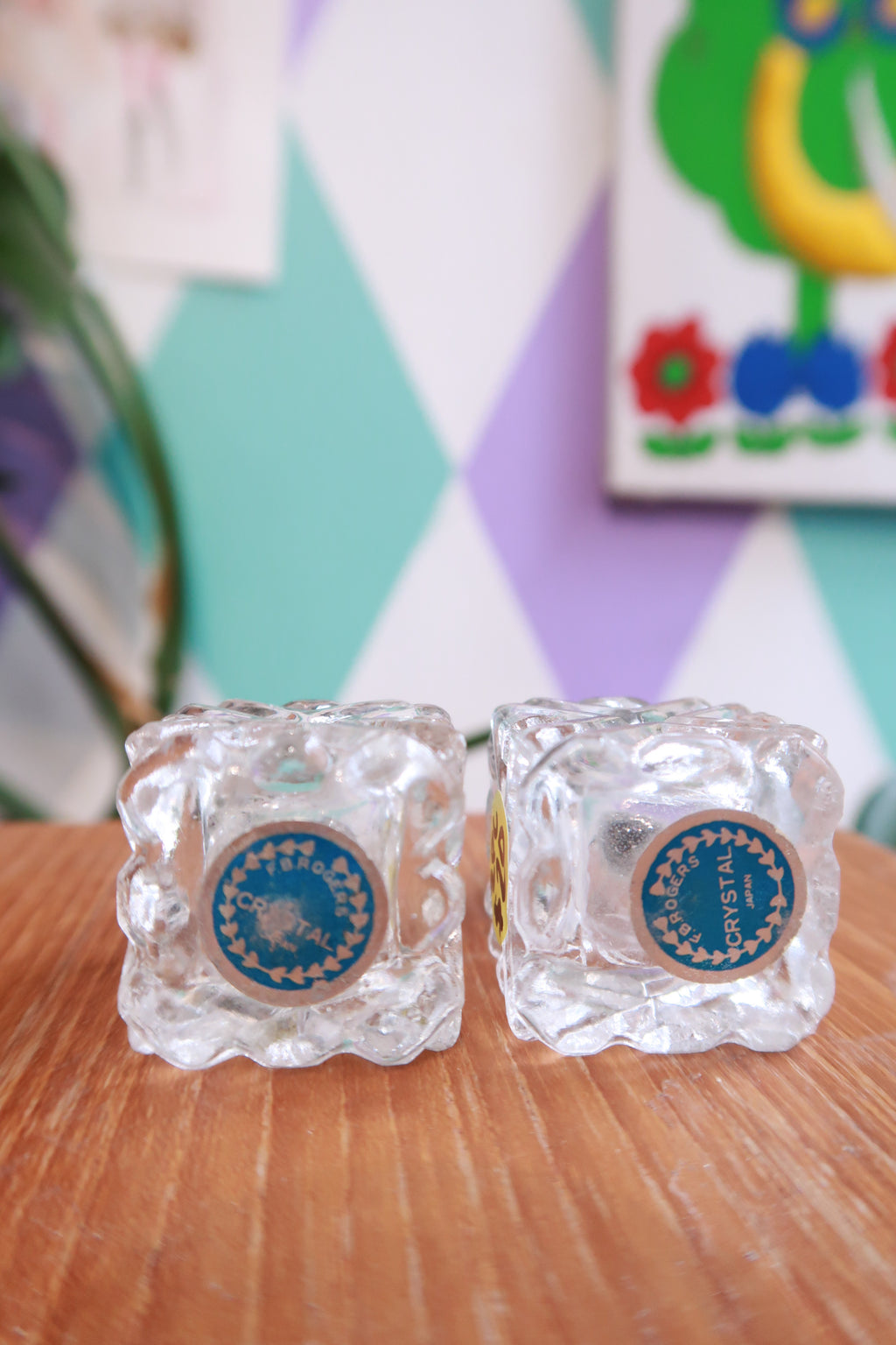 Vintage Elektra Crystal salt and pepper shakers with diamond pattern cut glass, part of a crystal condiment set.