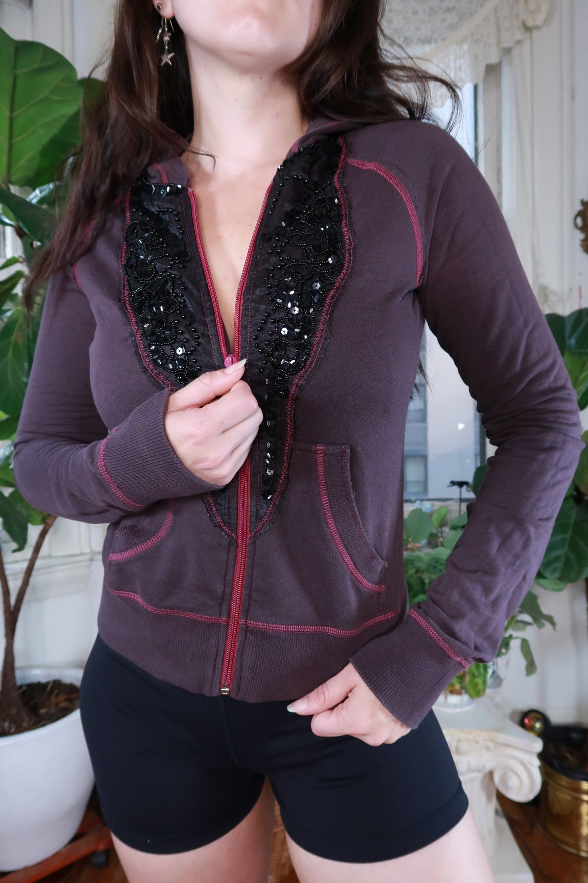 Vintage Y2K Free People embellished zip-up hoodie for women, featuring intricate beadwork and embroidery details.