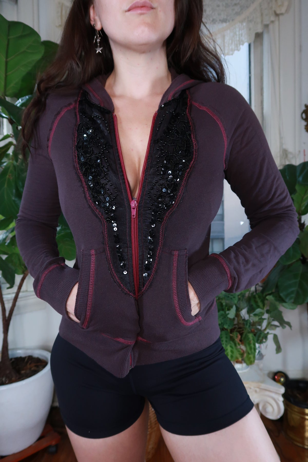 Vintage Y2K Free People embellished zip-up hoodie for women, featuring colorful embroidery and a casual fit from Elektra Vintage.
