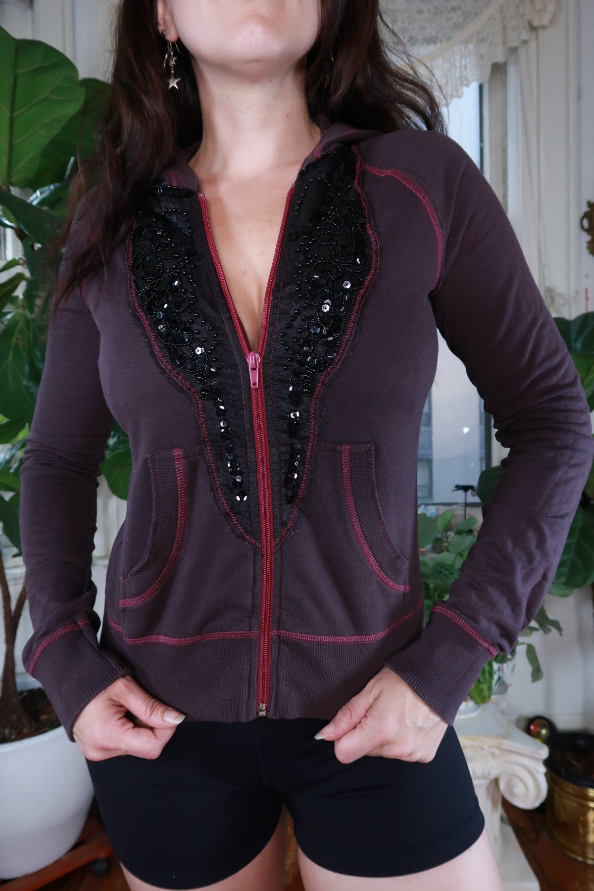 Vintage Y2K Free People women's zip-up hoodie with embellished details, in a casual, retro style by Elektra Vintage.
