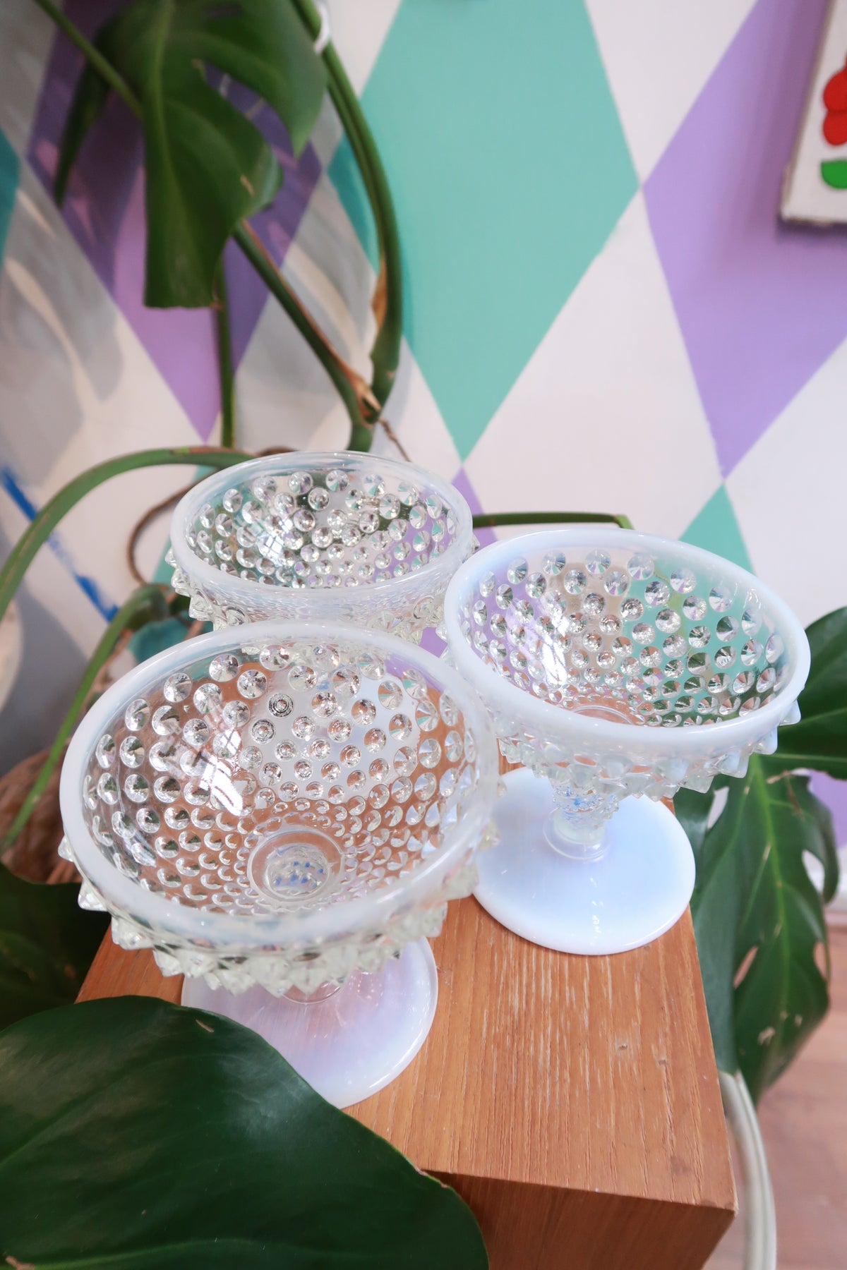 Vintage Hobnail Milk Glass Pedestal Dessert Bowls – Opalescent Footed Glass Compotes (Set)